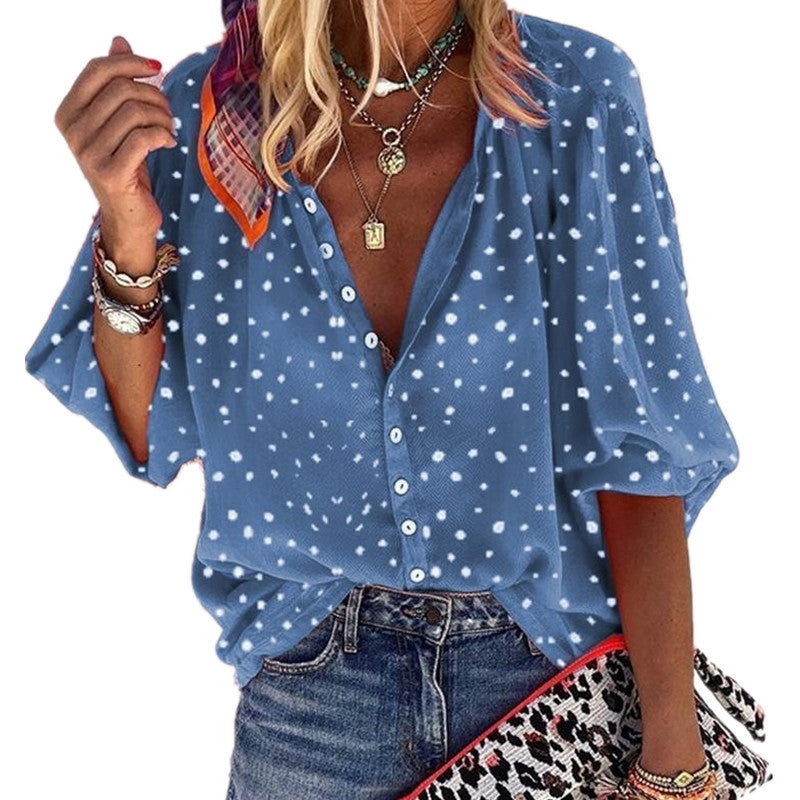 Talia-Dotted Button-Down Blouse