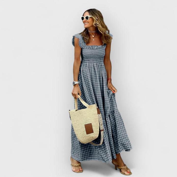 Belle™ | Plaid Ruffle-Sleeve Smocked Maxi Dress - La femme Toronto