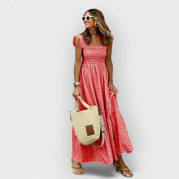 Belle™ | Plaid Ruffle-Sleeve Smocked Maxi Dress - La femme Toronto