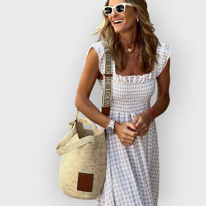 Belle™ | Plaid Ruffle-Sleeve Smocked Maxi Dress - La femme Toronto