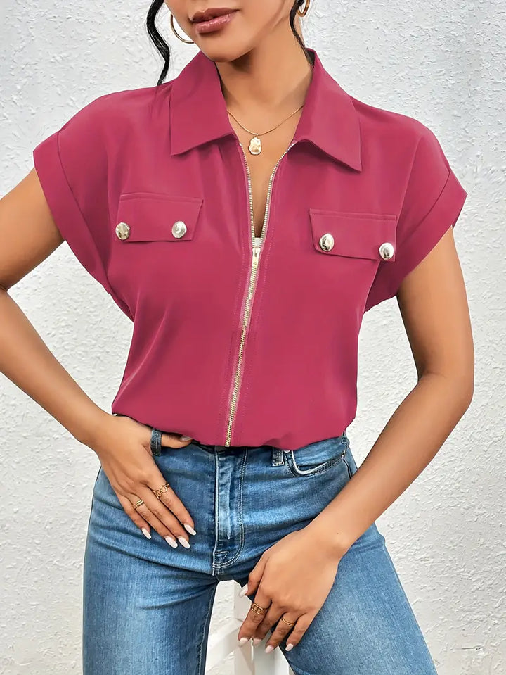 Alfano - Elegant Short Sleeve Blouse With Zipper - La femme Toronto