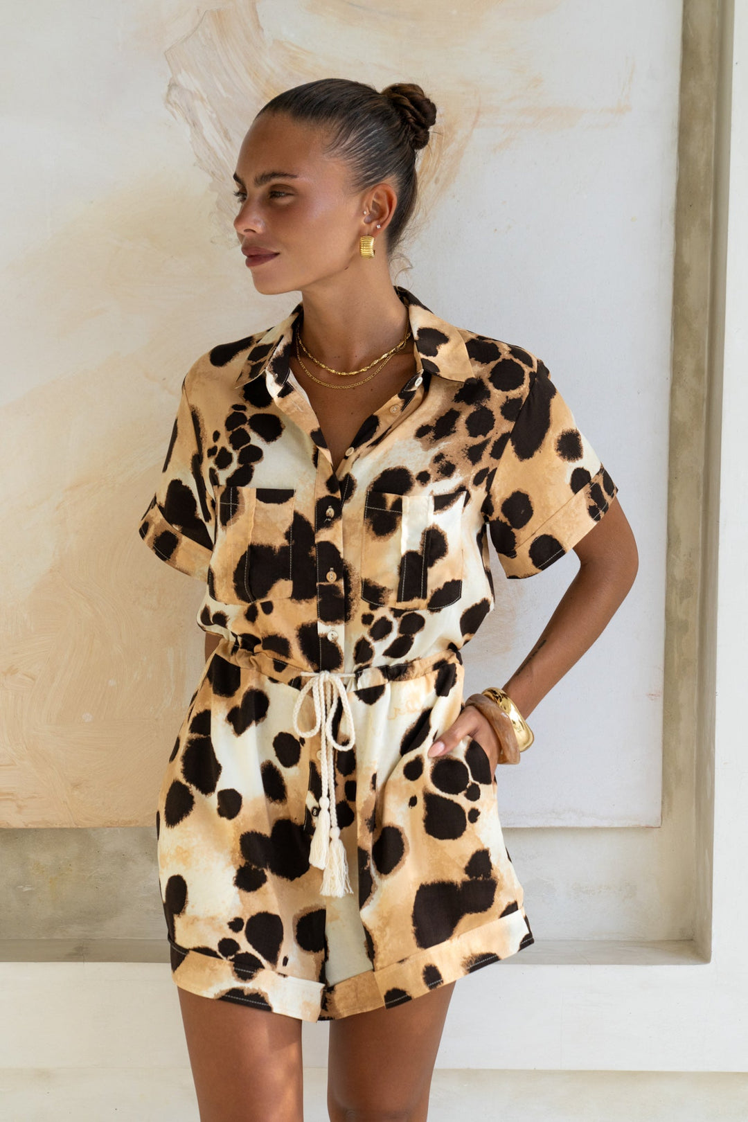 Zelina Brown Leopard Spot Playsuit - La femme Toronto