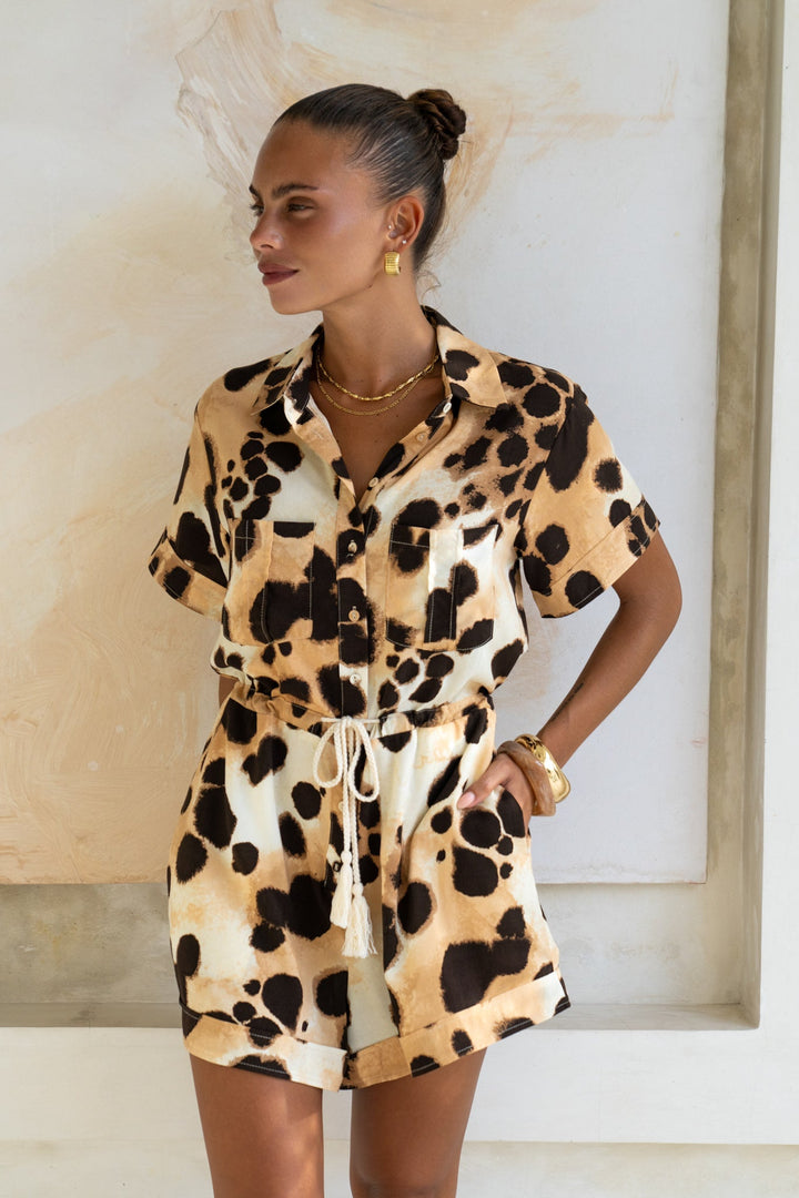 Zelina Brown Leopard Spot Playsuit - La femme Toronto
