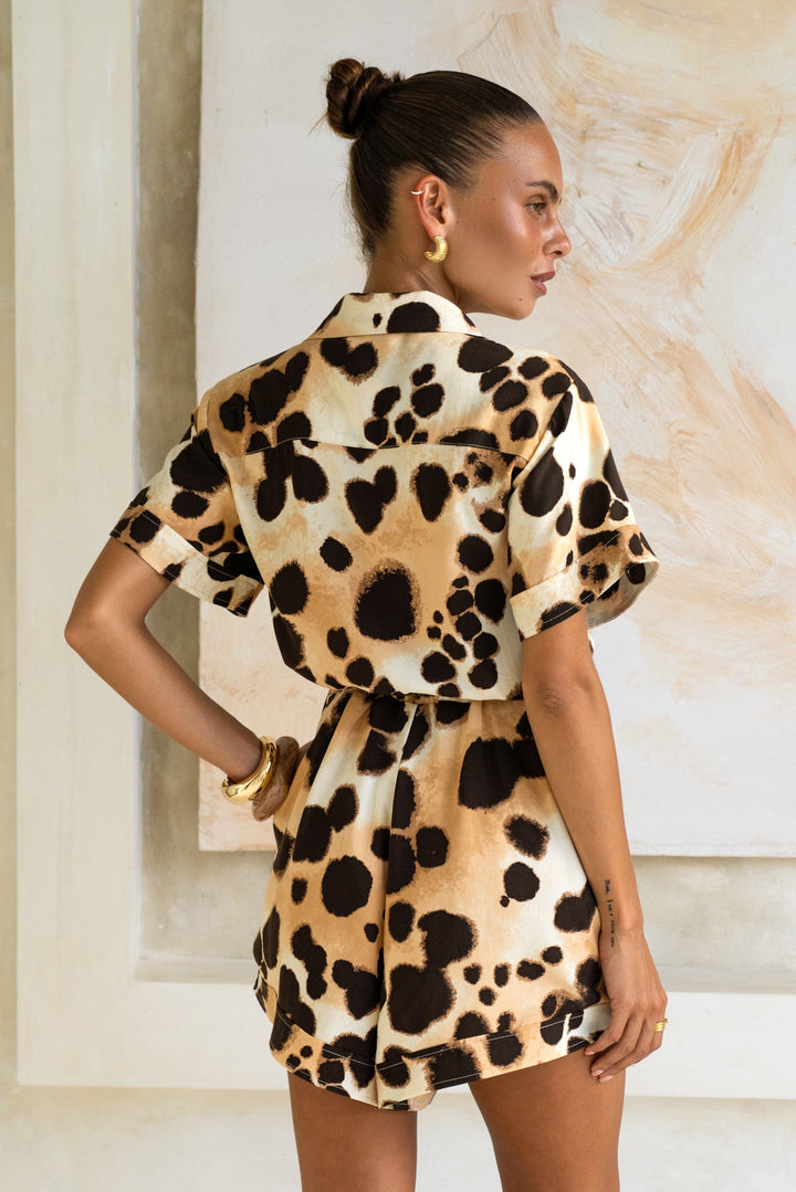 Zelina Brown Leopard Spot Playsuit - La femme Toronto