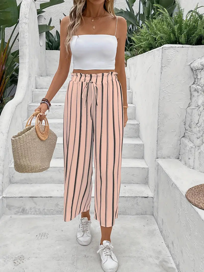 Amaya - Striped Drawstring Palazzo Pants - La femme Toronto