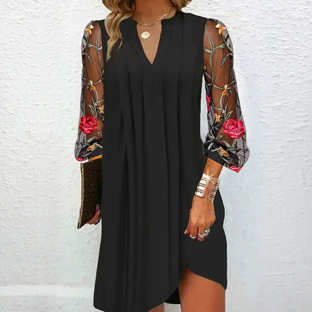 Flower- Elegant V-Neck Sheer Sleeve Mini Dress - La femme Toronto