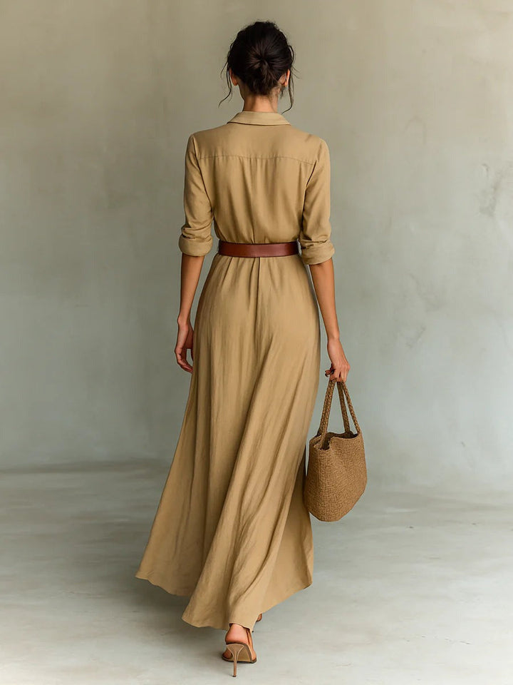 Liora- Elegant Belted Maxi Dress with Lapel Detail