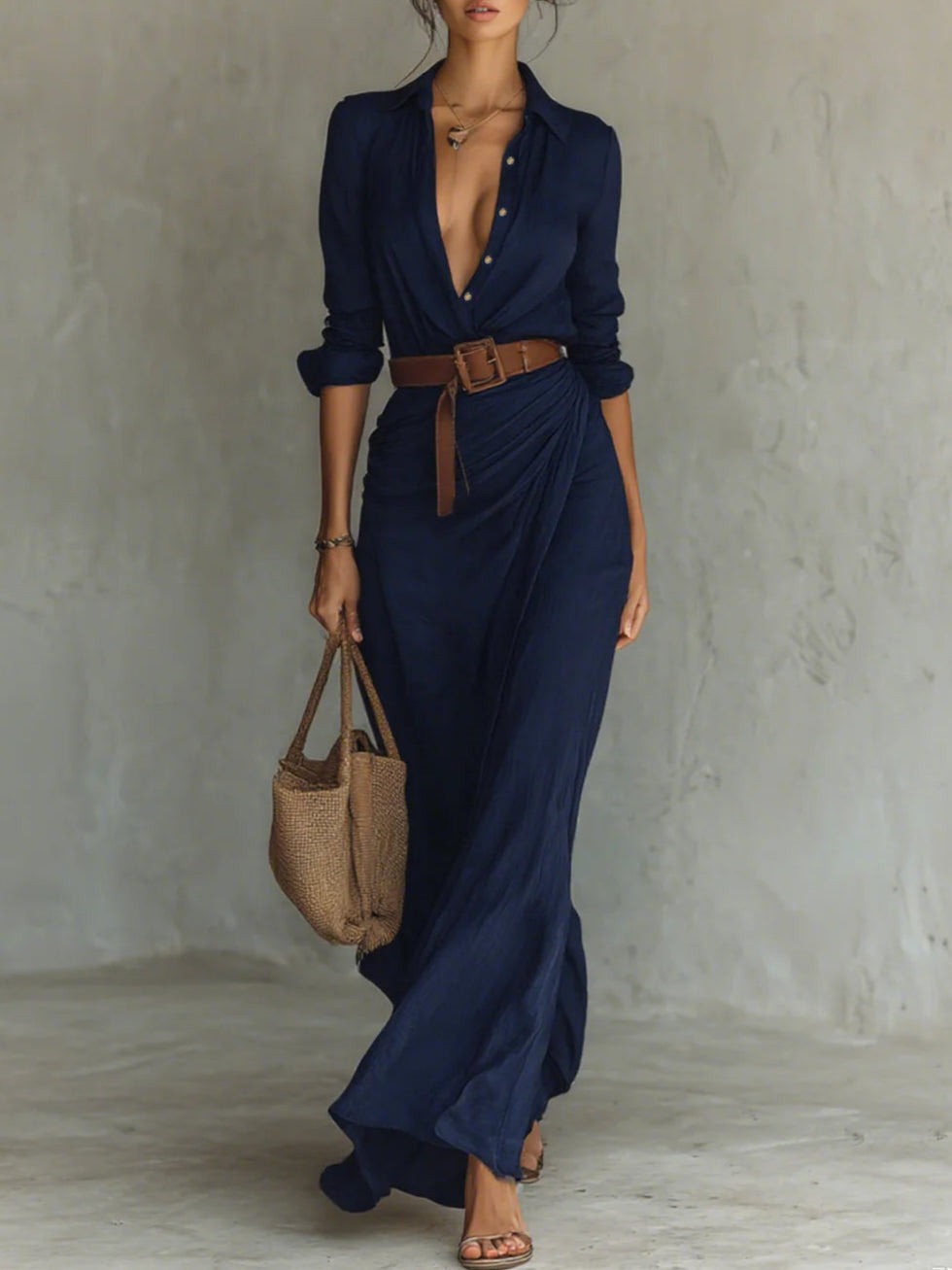 Liora- Elegant Belted Maxi Dress with Lapel Detail