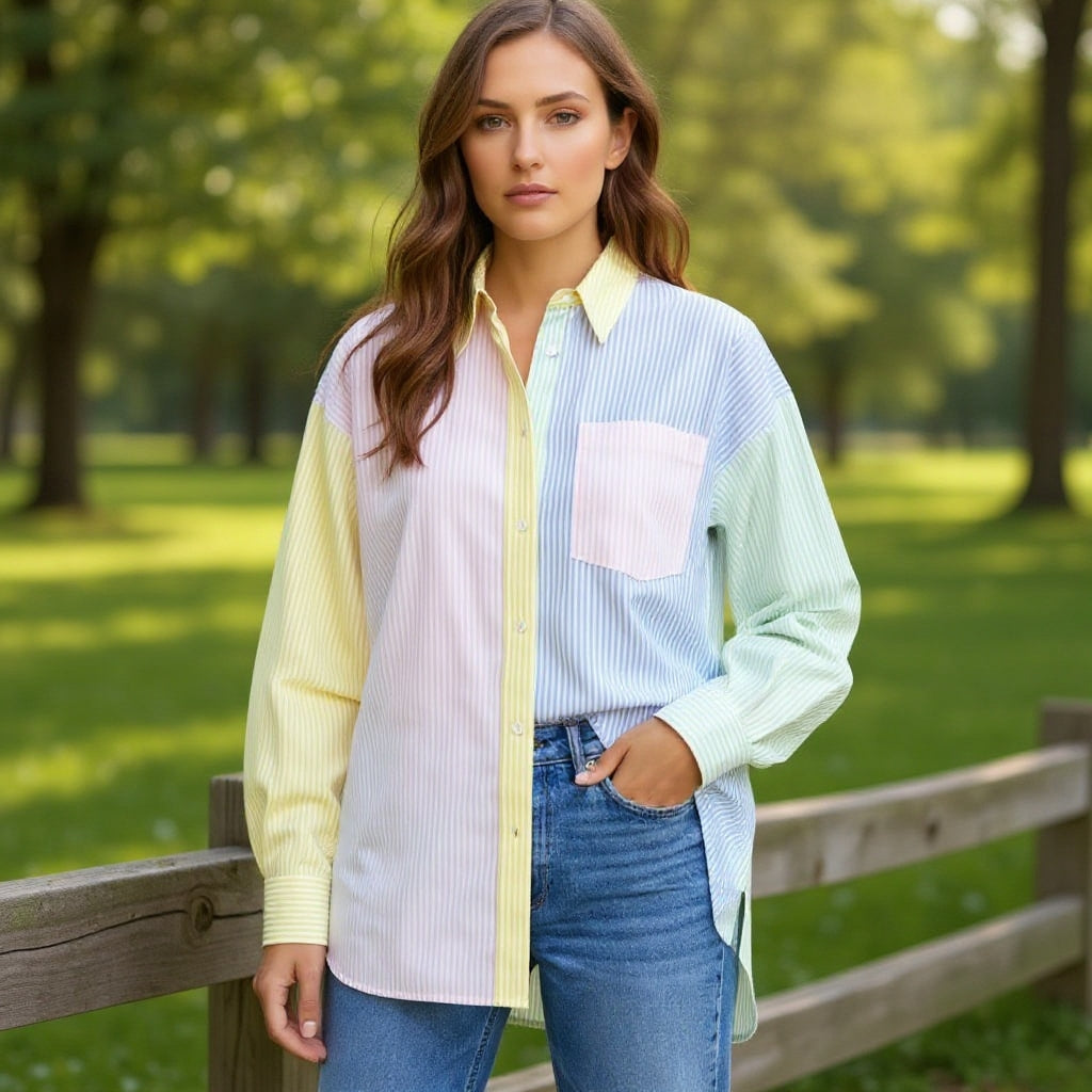 Nena- Oversized Long Sleeve Striped Blouse