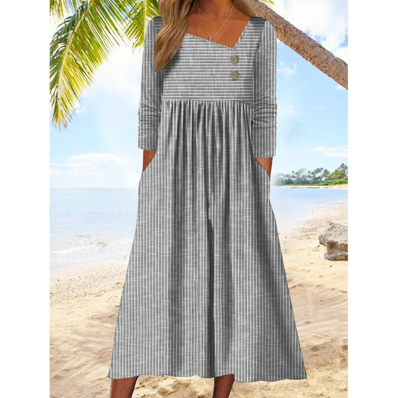 Nancy – Striped Midi Dress with Asymmetrical Neckline - La femme Toronto