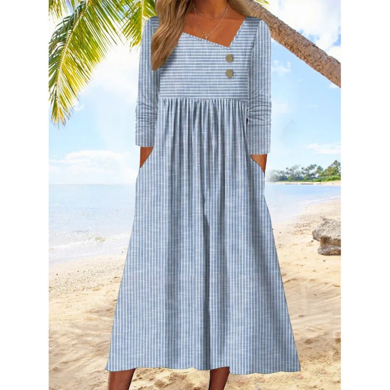 Nancy – Striped Midi Dress with Asymmetrical Neckline - La femme Toronto