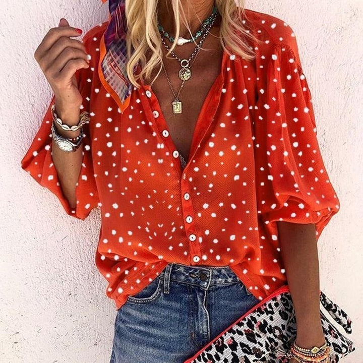 Talia-Dotted Button-Down Blouse - La femme Toronto