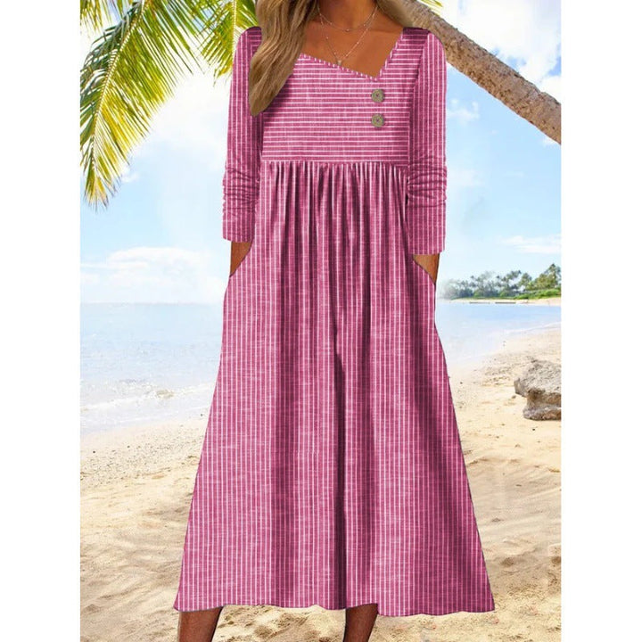 Nancy – Striped Midi Dress with Asymmetrical Neckline - La femme Toronto