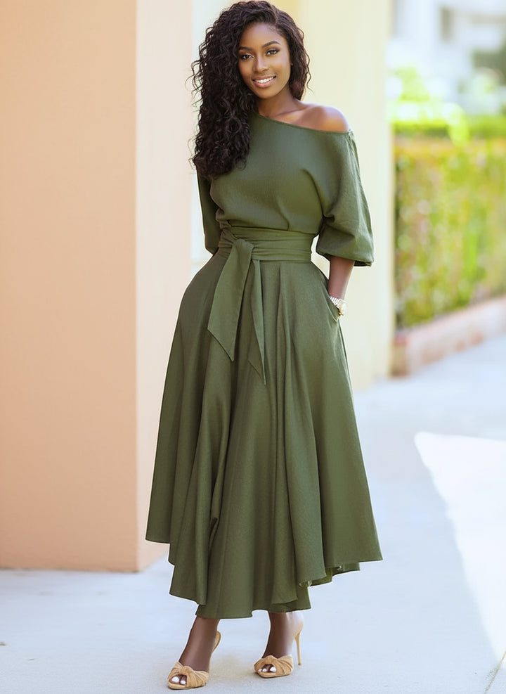 Dorine- One-Shoulder Tie Waist