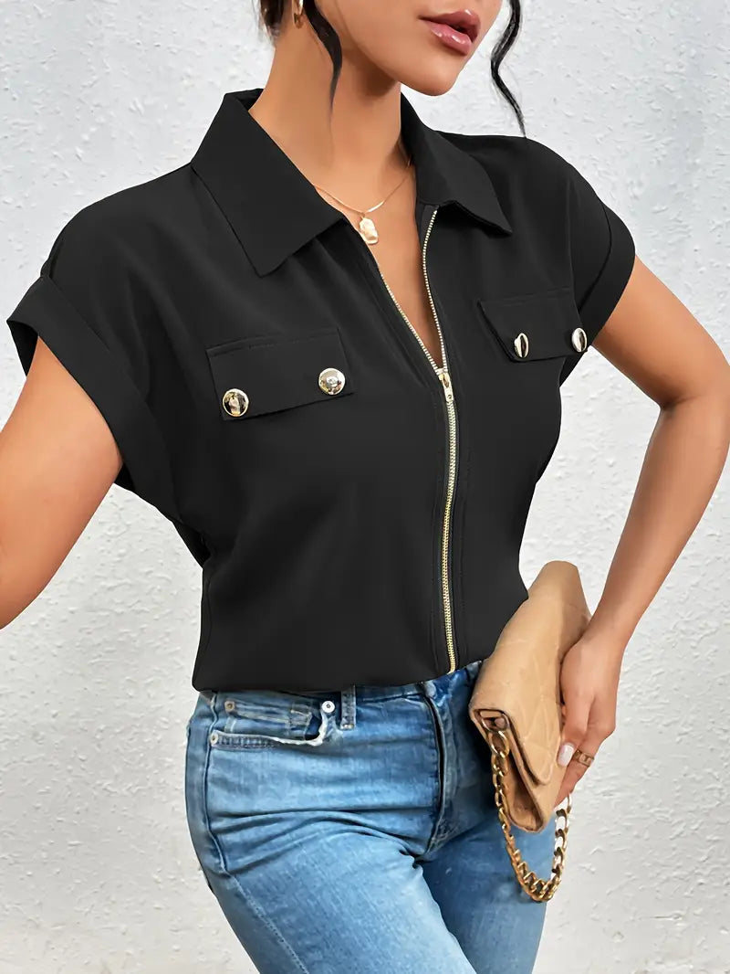 Alfano - Elegant Short Sleeve Blouse With Zipper - La femme Toronto