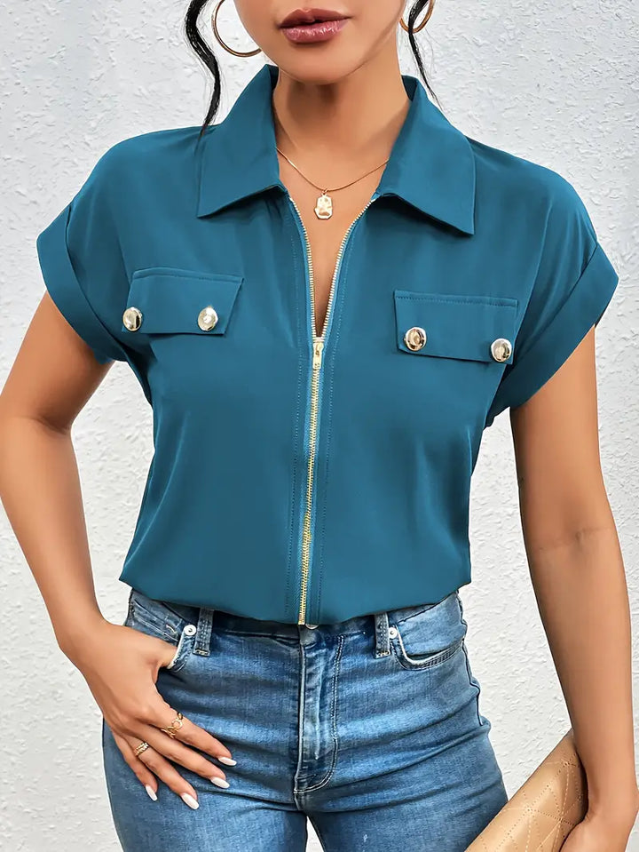 Alfano - Elegant Short Sleeve Blouse With Zipper - La femme Toronto