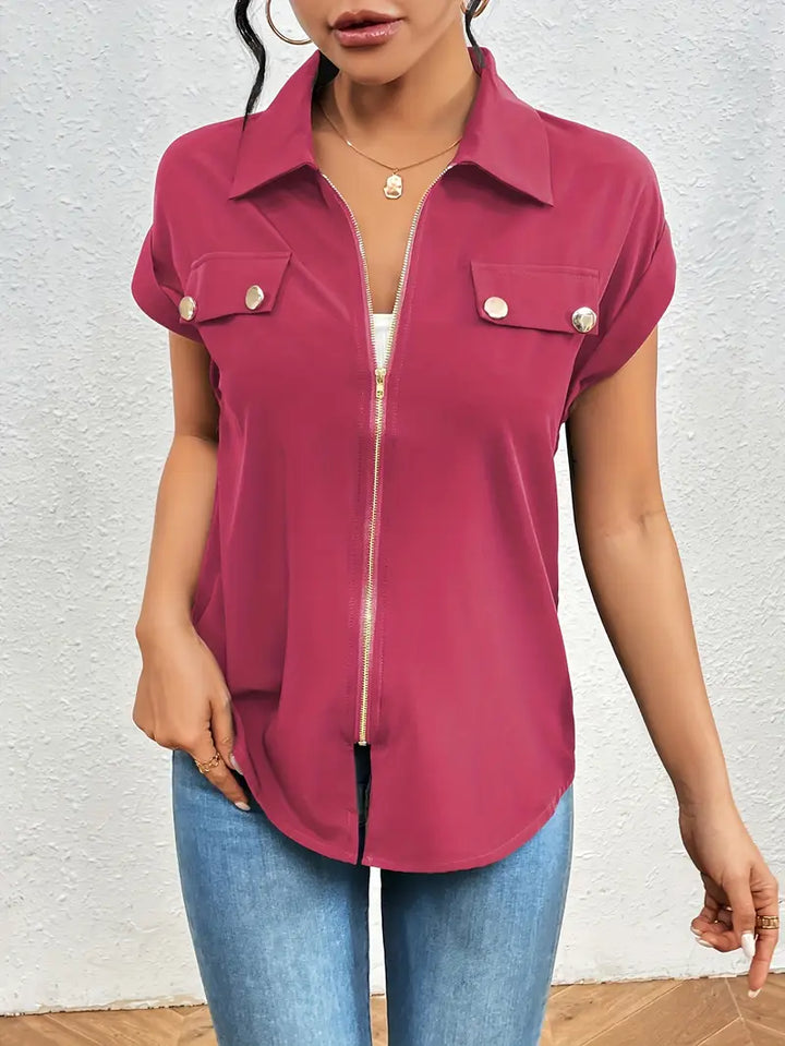 Alfano - Elegant Short Sleeve Blouse With Zipper - La femme Toronto