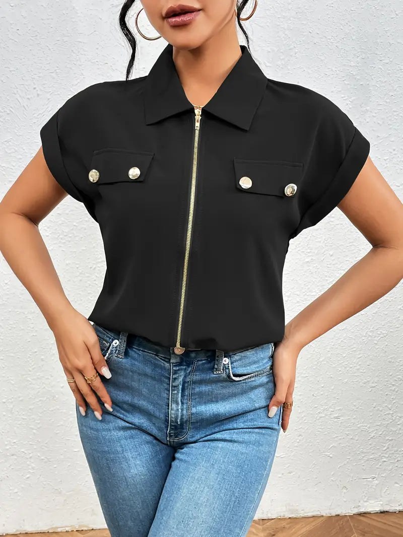 Alfano - Elegant Short Sleeve Blouse With Zipper - La femme Toronto