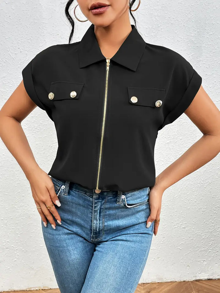 Alfano - Elegant Short Sleeve Blouse With Zipper - La femme Toronto