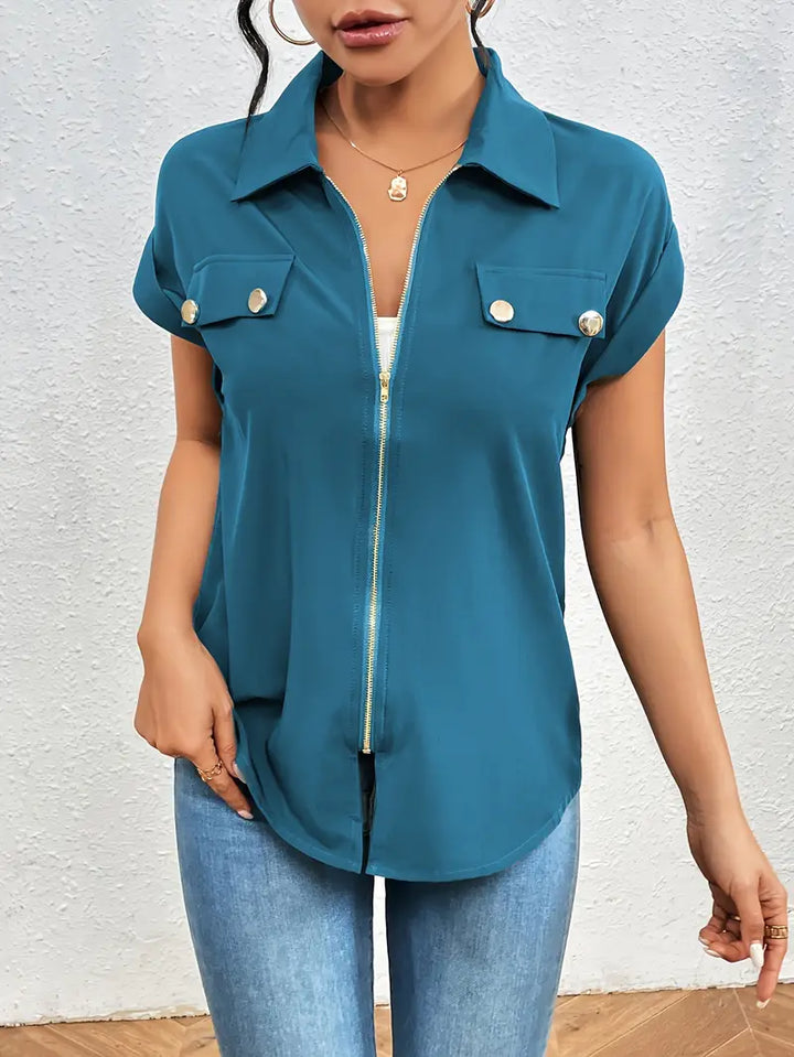 Alfano - Elegant Short Sleeve Blouse With Zipper - La femme Toronto