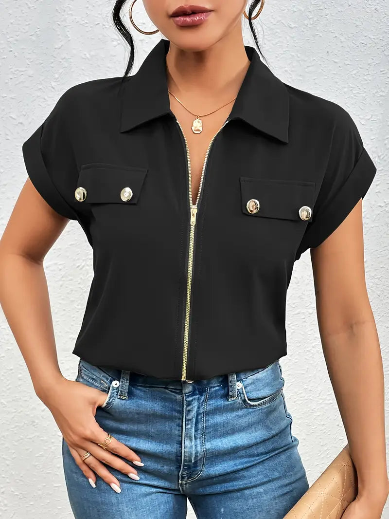 Alfano - Elegant Short Sleeve Blouse With Zipper - La femme Toronto