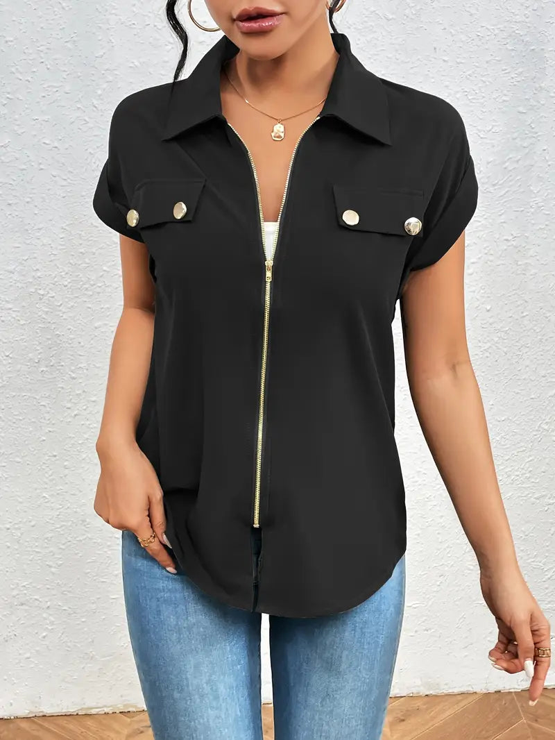 Alfano - Elegant Short Sleeve Blouse With Zipper - La femme Toronto