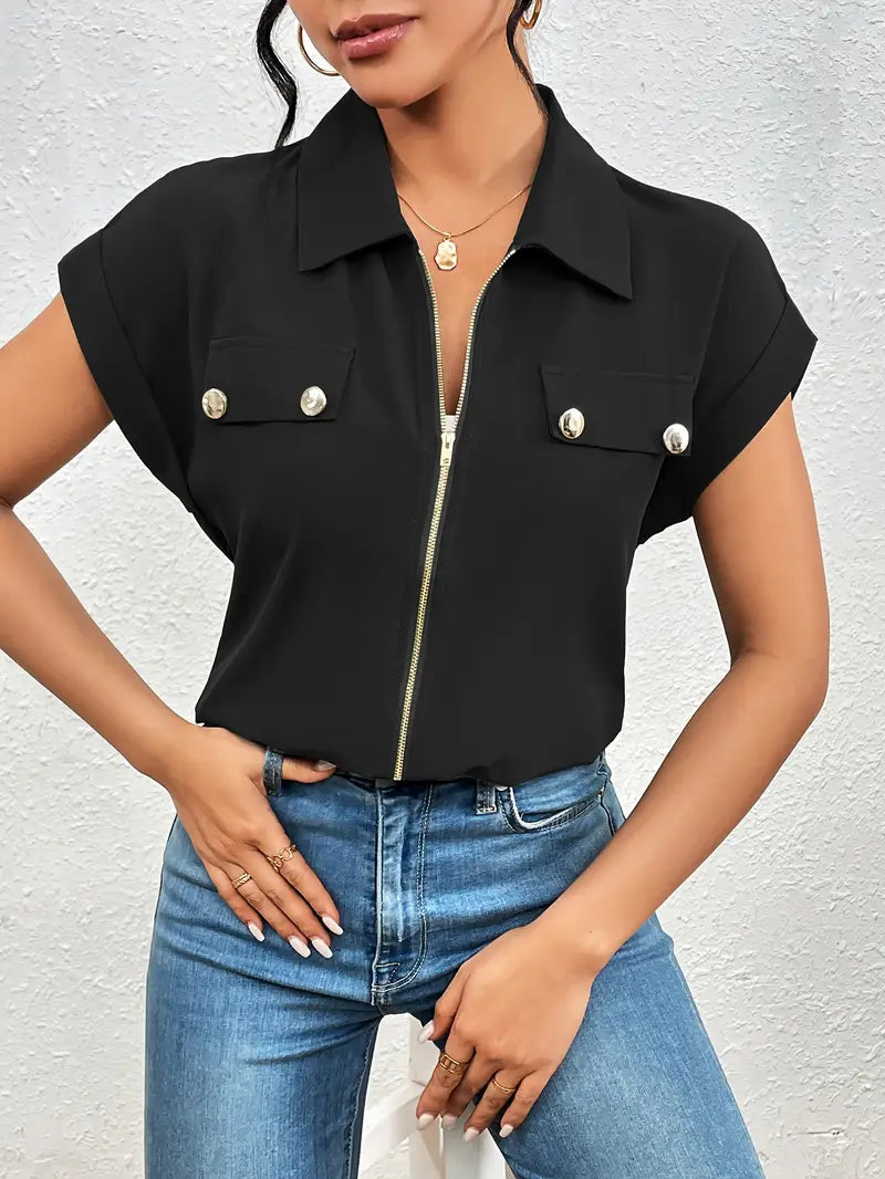 Alfano - Elegant Short Sleeve Blouse With Zipper - La femme Toronto