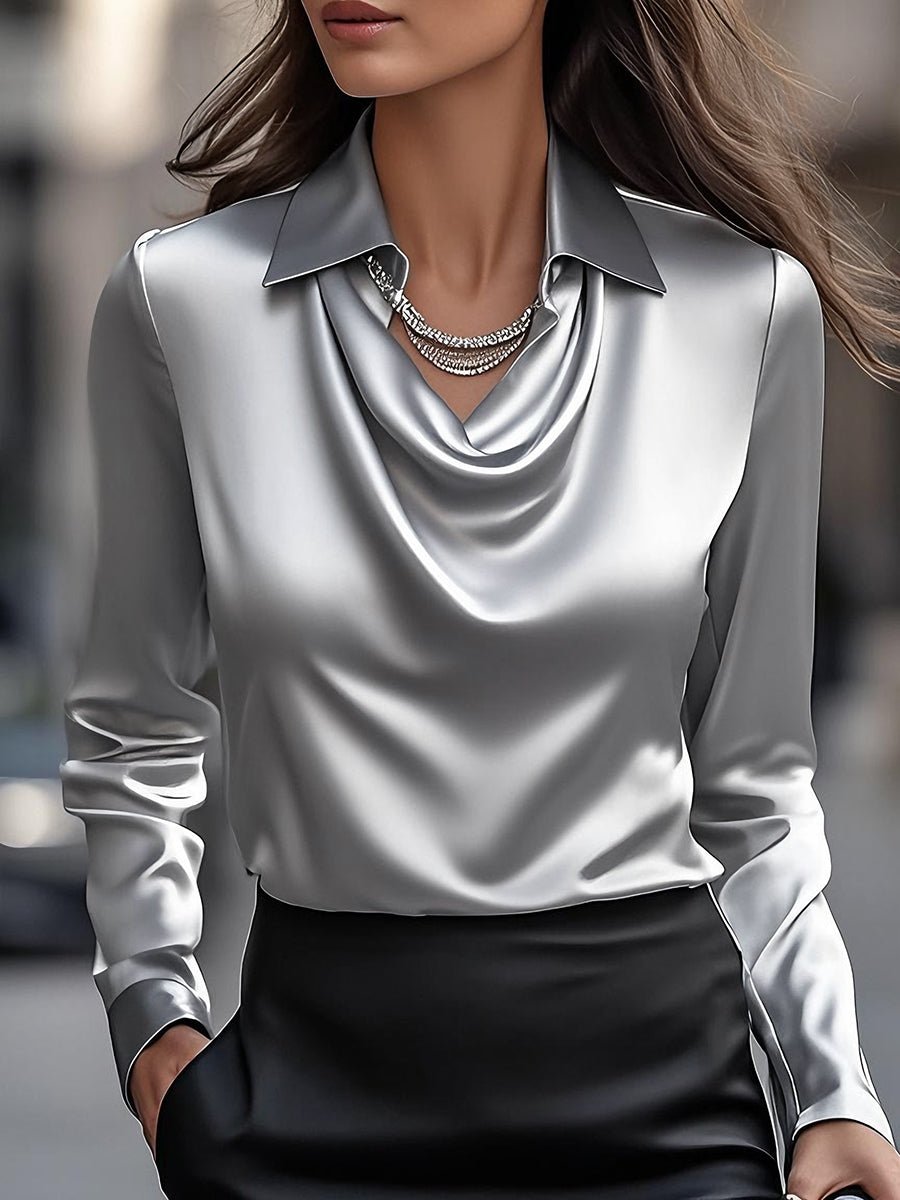 Elly- Elegant White Satin Blouse with Draped Neckline - La femme Toronto