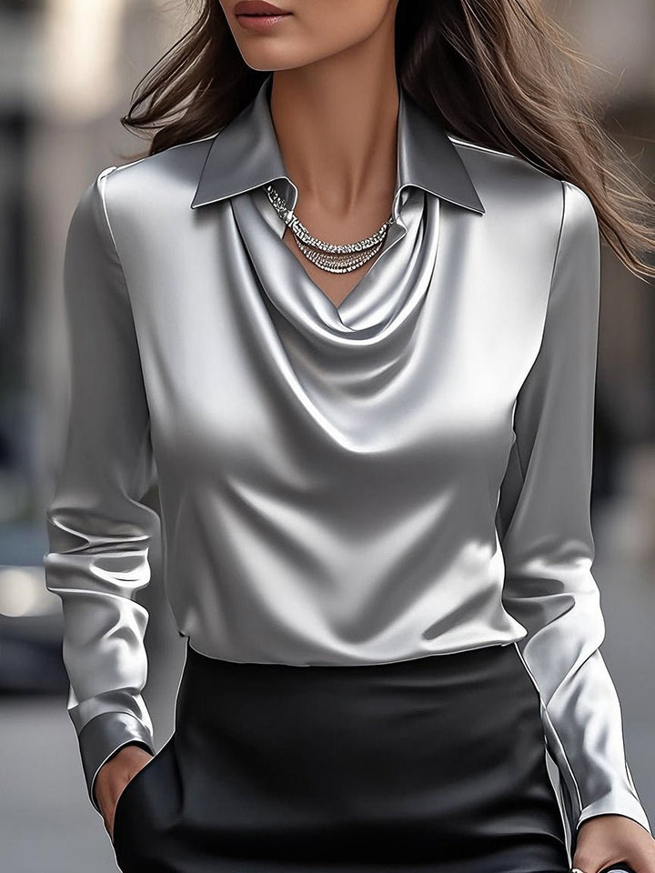 Elly- Elegant White Satin Blouse with Draped Neckline - La femme Toronto
