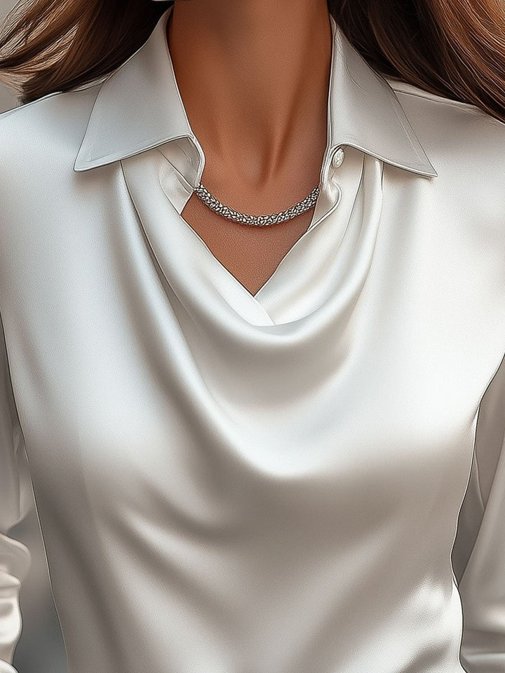 Elly- Elegant White Satin Blouse with Draped Neckline - La femme Toronto