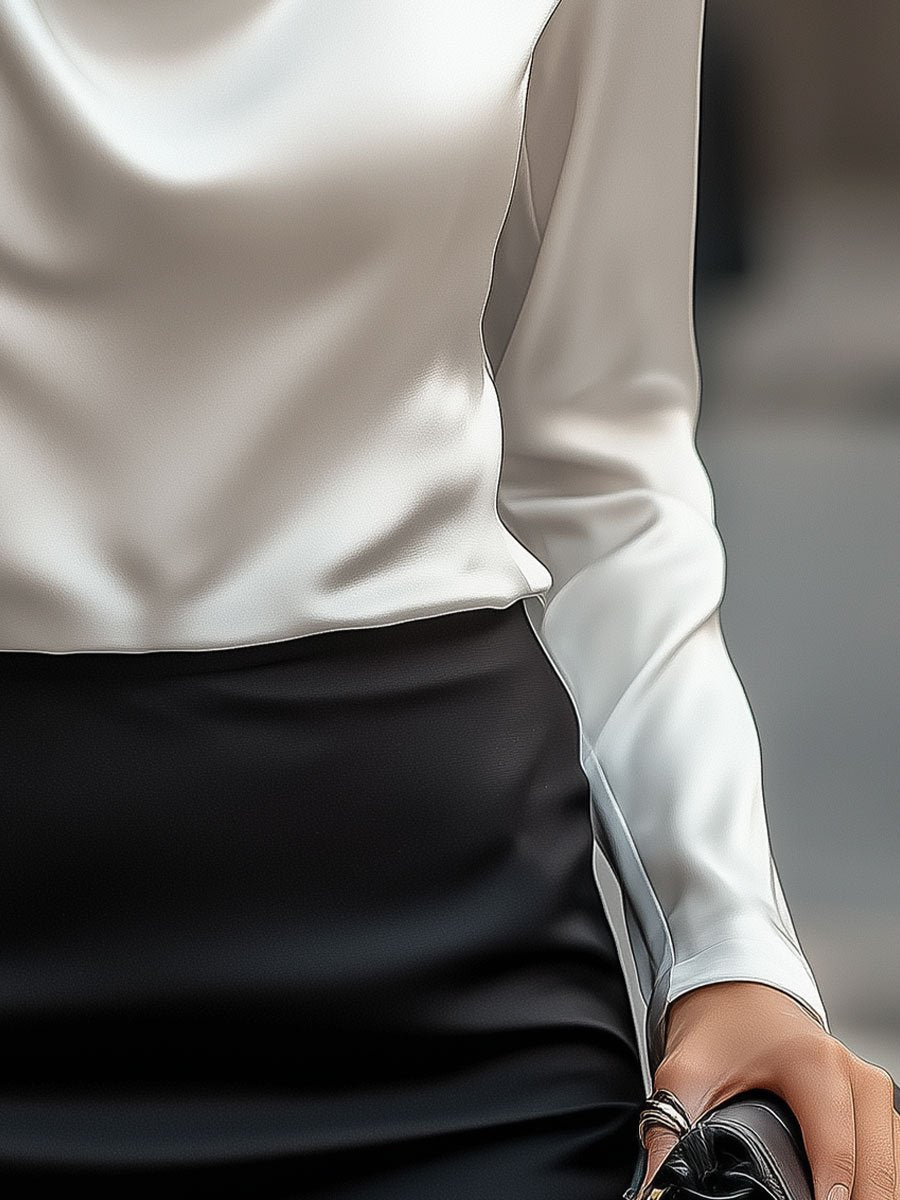 Elly- Elegant White Satin Blouse with Draped Neckline - La femme Toronto