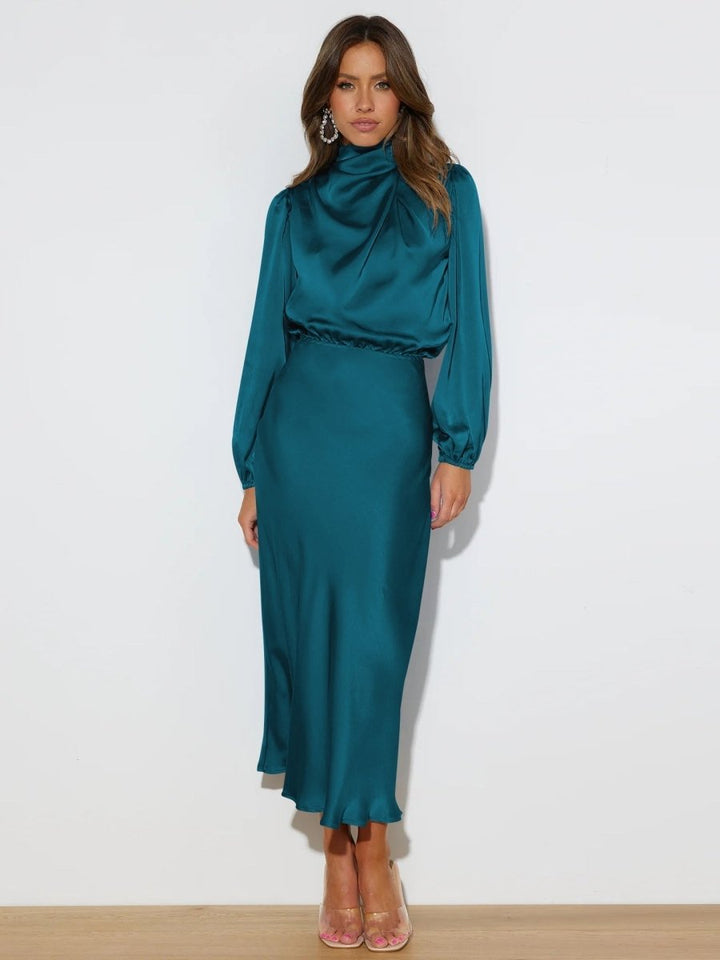 Isabella | Sophisticated Satin Midi Dress - La femme Toronto