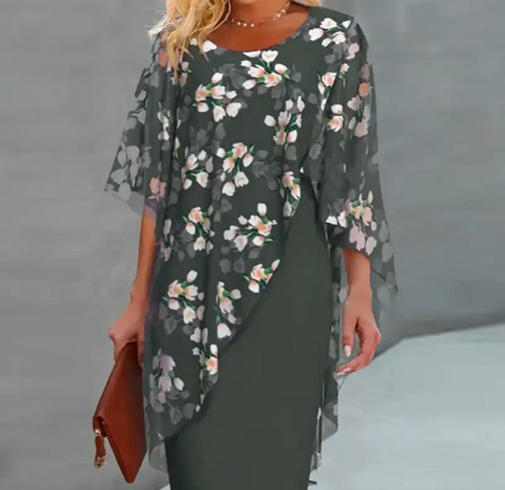 Margaret | Floral Sheer Capelet Dress - La femme Toronto
